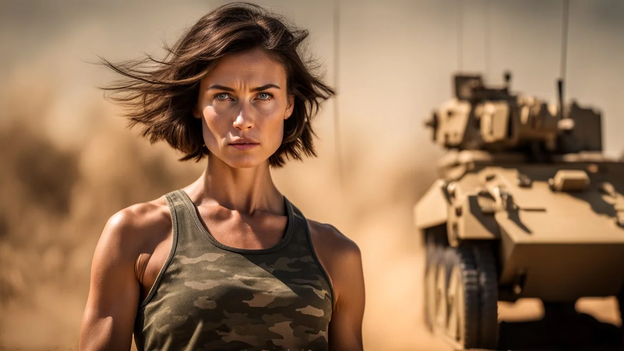 beautiful slender caucasian female technician, black tank top, well toned muscles, weathered face, scratched sand camo metal details, short brunette wavy bob haircut, dystopian, desert scene, being hit by a bullet, explosions in background, wounded by gunfire