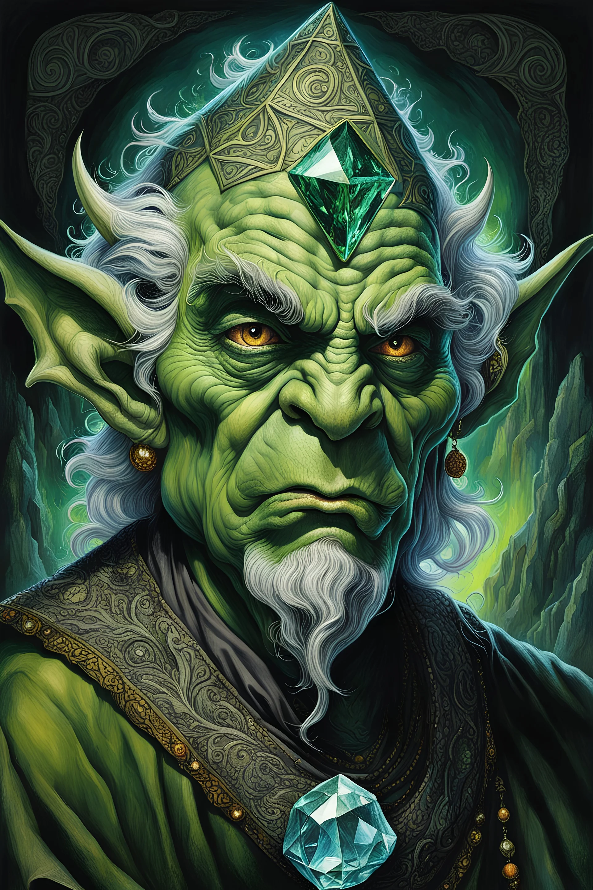 Portrait of a larger than life, mountainous goblin sorcerer, with a giant gem on his forehead, wrinkled green and grey skin, in the style of Artwork by Albert Lynch, sinking deep into bittersweet melancholia, dark angry eyes, 70s psychedelic drawings, alex grey, sense of awe, pale skin, night, dark twisted fantasy, macabre fine art