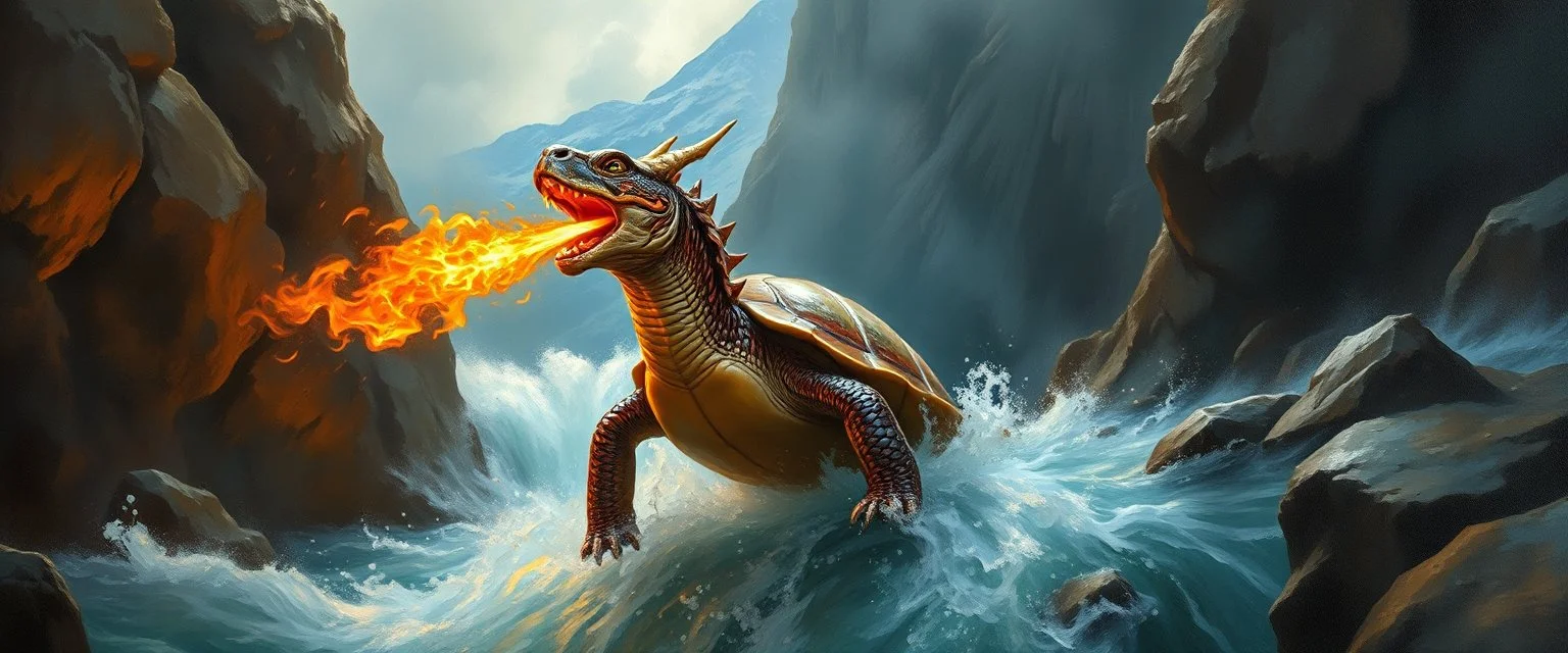 pin hole picture, master oil painting by Rembrandt, good afternoon turtle dragon with fire breath rushing down a water fall, in mountain pass