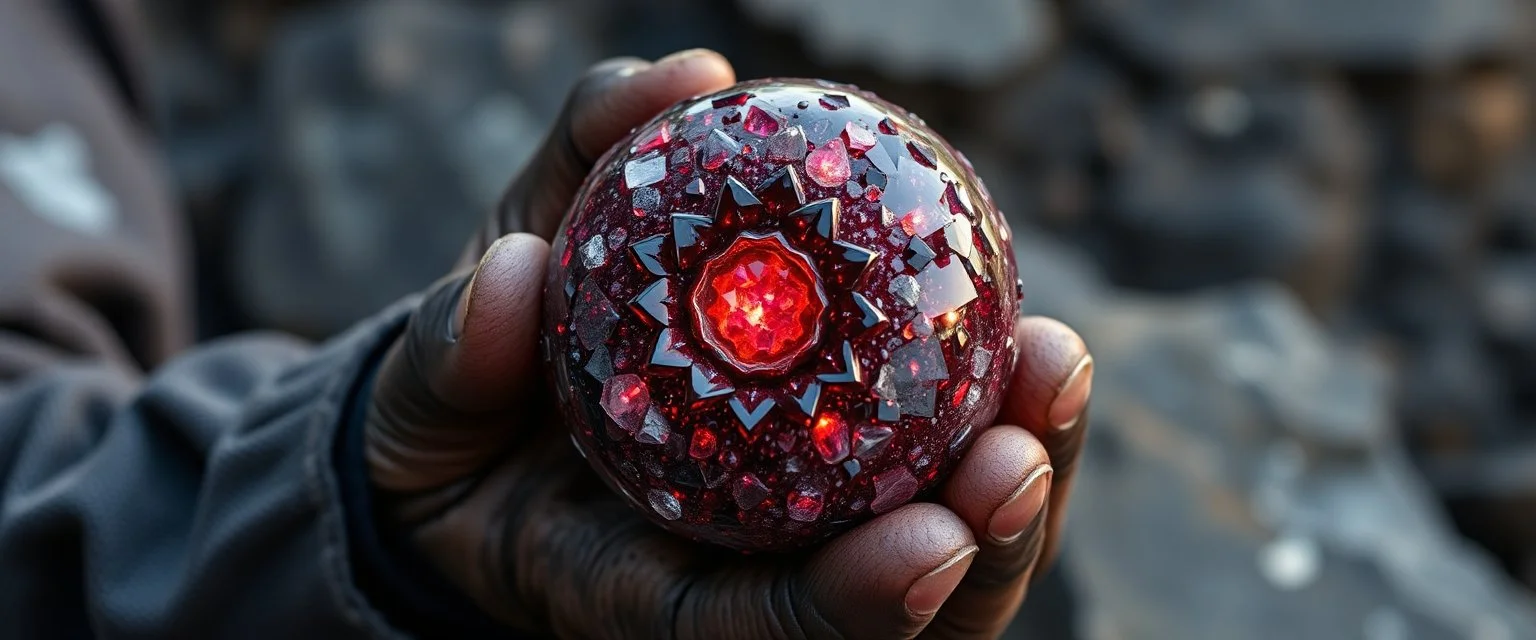 dark dwarf mining expert expert holding up a radiant Painite crystal rosette ball
