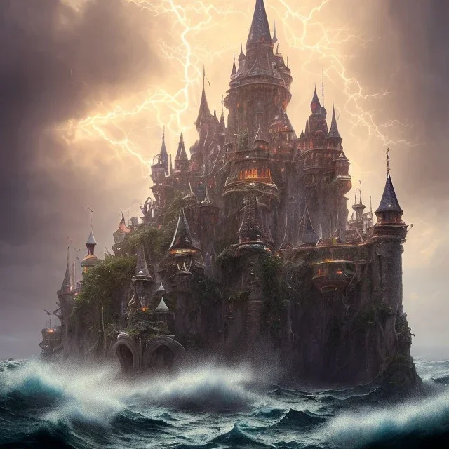 an ocean storm with clouds and lightning, castle, minarets, 8k resolution, high-quality, fine-detail, intricate, digital art, drinking glass, detailed matte, volumetric lighting, baroque, illustration, octane render, brian froud, howard lyon, selina french, George Grie, Ben Goossens, Igor Morski