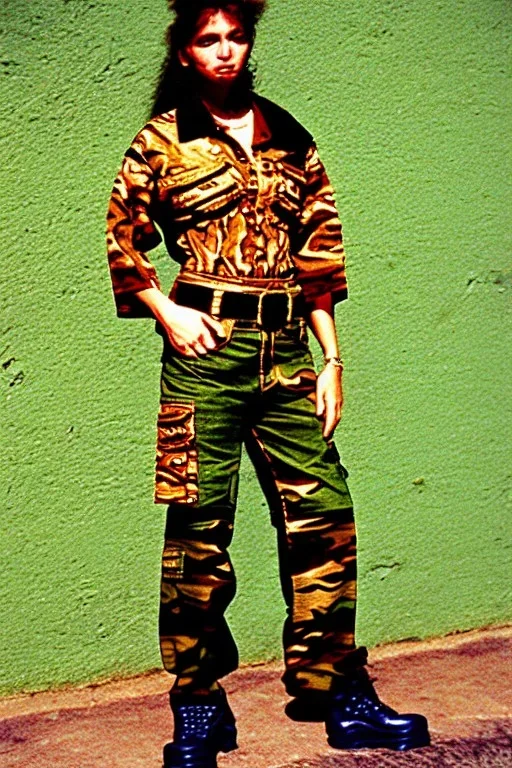 year 1997 denim fashion, Techno, "combat pants", cargo, Loose fit, low waist, baggy. Colors: denim blue, blue, purple, khaki, light green, lilac, plum, orange, terracotta, red, pink, dark blue, beige. Patterns: lynx, balls, stripes. lynx belt. Something between camouflage and cheetah prints. Women models. Sharon Stone, Sandra Bullock, Winona Ryder, Milla Jovovich, Big tennis shoes on. Latex in small part, areas, clothes..Combat pants. Leg warmers.