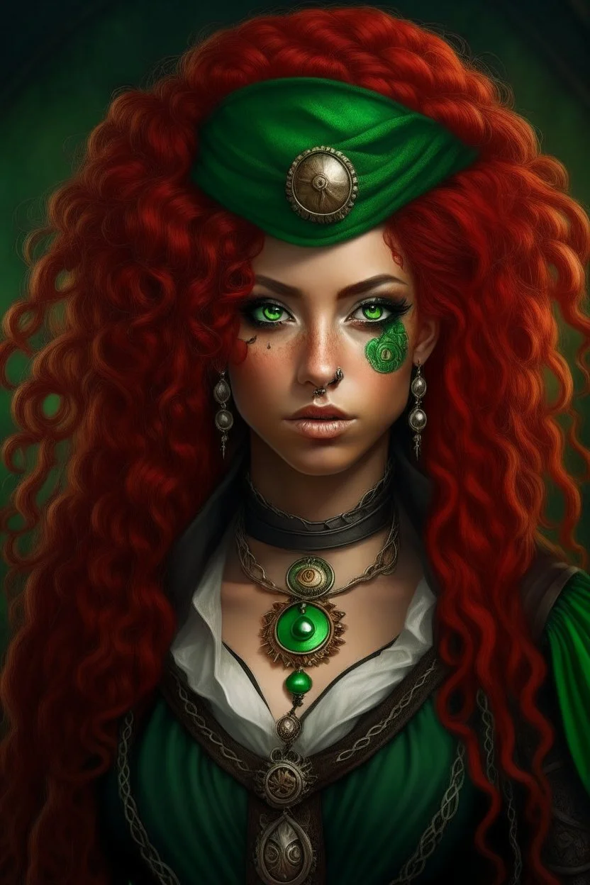 26-year-old mulatto sorceress, green eyes, wavy blood red hair, dressed in steampunk style