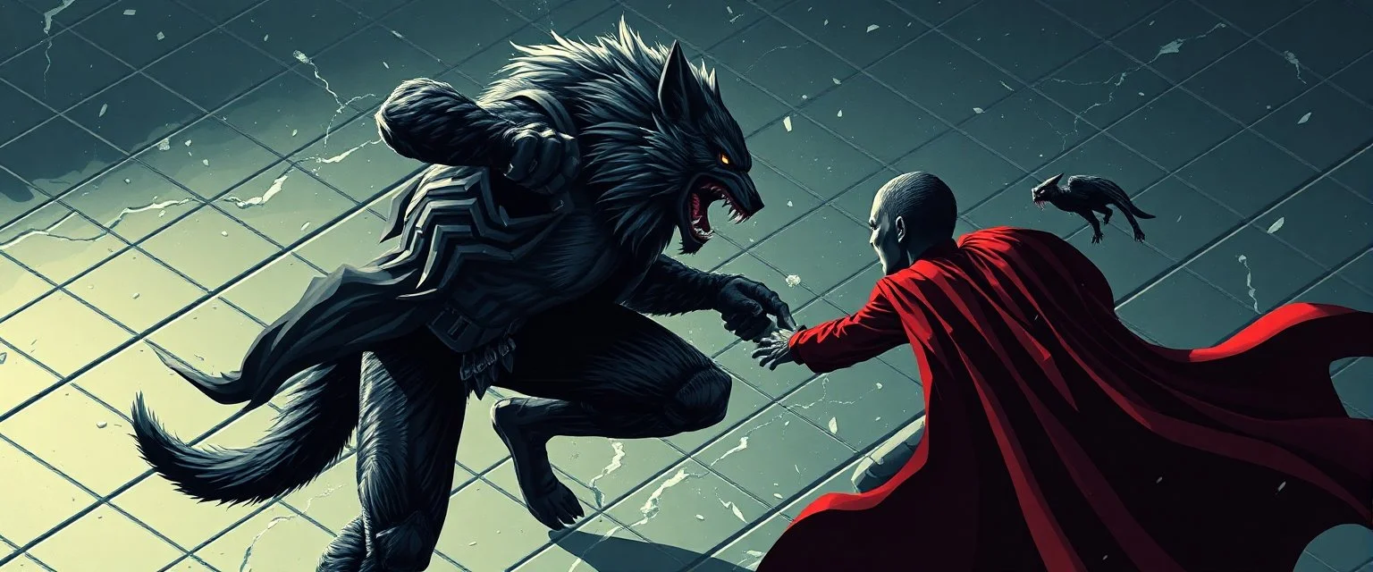 werewolf vs vampire cyberpunk action scene, acrobatic dodge, cape, all seen drown on isometric grid