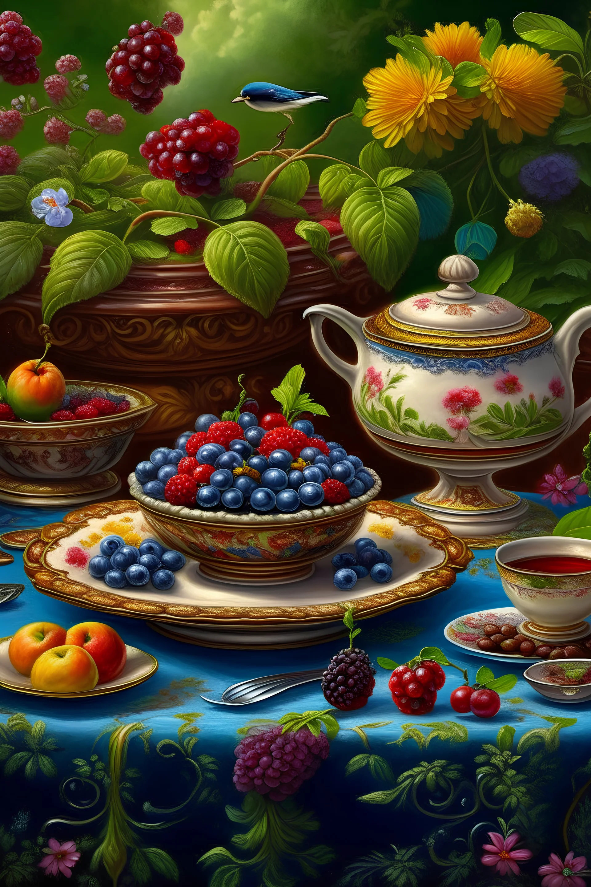 Very tasty berry and truffle cake, fragrant, jasmine tea in an ancient Porcelain cup, beautiful antique table, in the flower garden, sings a small, colorful bird, reflective eyes, double composition, 3d render, stunning landscape, Mackay style, many details, colorful, sharp colors, botanical style, perfect composition, perfect and charming masterpiece of oil painting, style of old masters, high contrast, hyperrealistic, natural lighting of flowers Vladimir Volegov William-Adolph Booger chrome st