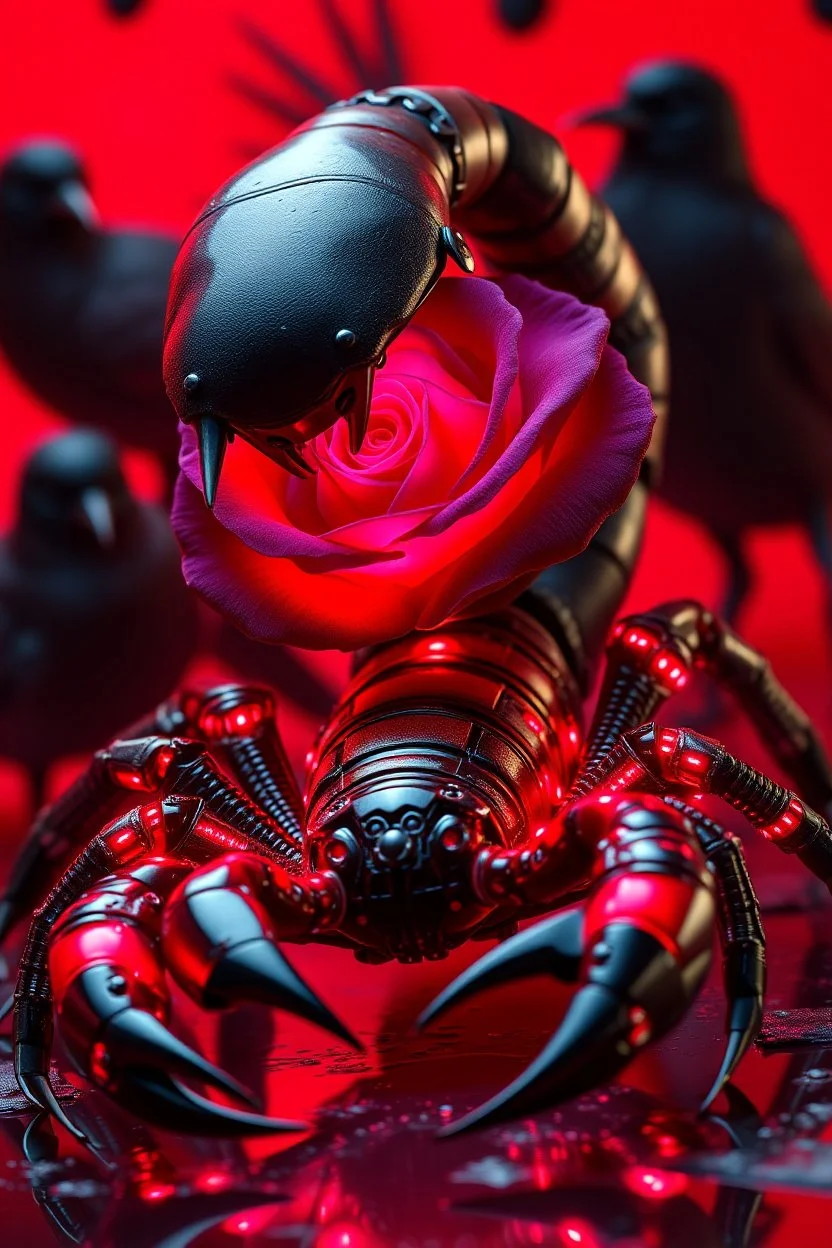 Black scorpion and purple rose red light reflecting in their cybernetic enhancements.red background all are red black birds in the background