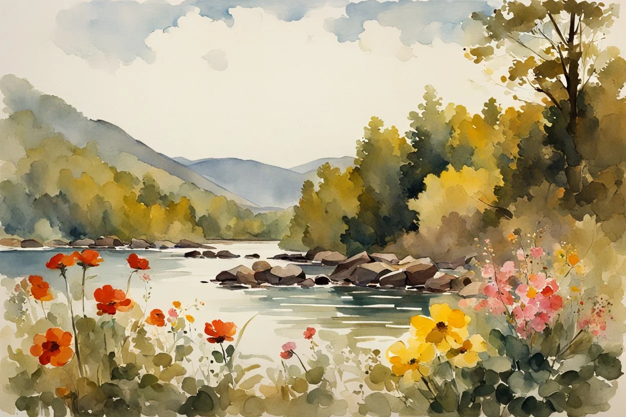 Sunny day, flowers, mountains, river, epic, winslow homer watercolor paintings