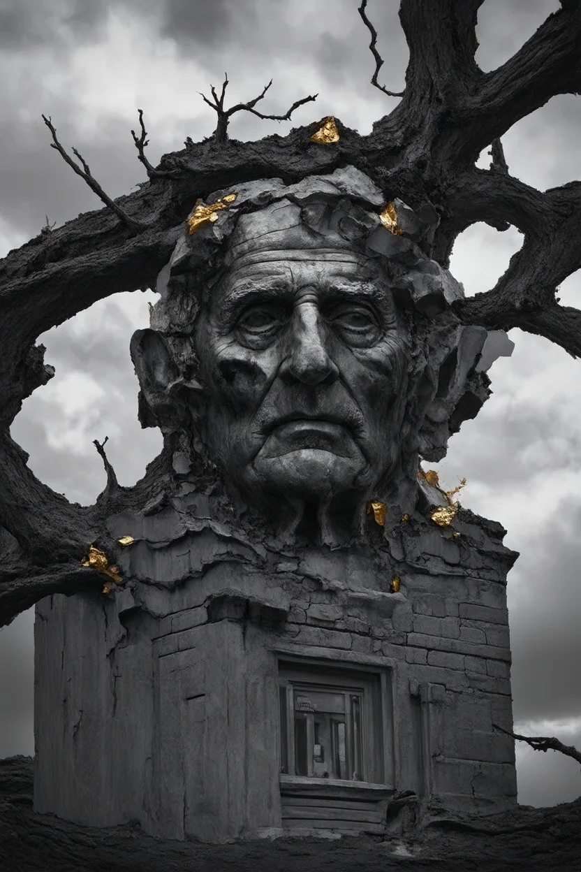 surrealis monochrome A fragmented, surreal sculpture liguid color of photorealistic image 3d,psychedelic art of an old man face glossy emerging from dreamlike a crumbling building. The face appears pale with deep cracks and intricate details, evoking a haunting expression. Blackened tree branches intertwine with the gold mengkilat cracks, set against a backdrop of stormy, cloud-filled skies. bauhaus art The overall tone is dark and moody, suggesting themes of decay and transformation. Include