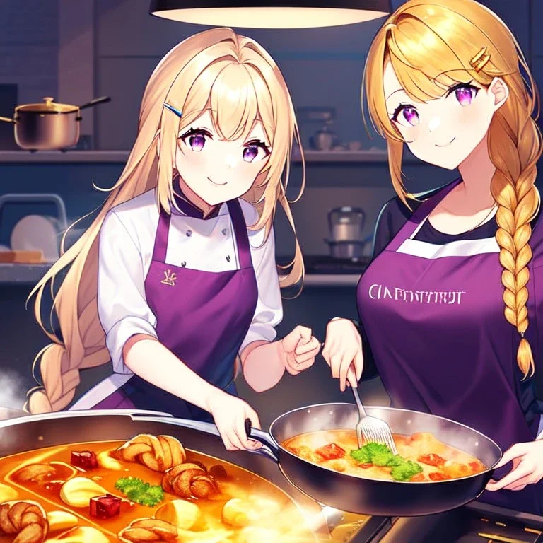 girl, masterpiece, best quality, volumetric lighting, detailed outfit, perfect eyes, golden hair, long hair, purple eyes, braided ponytail, smile, cooking, food, hairclip,