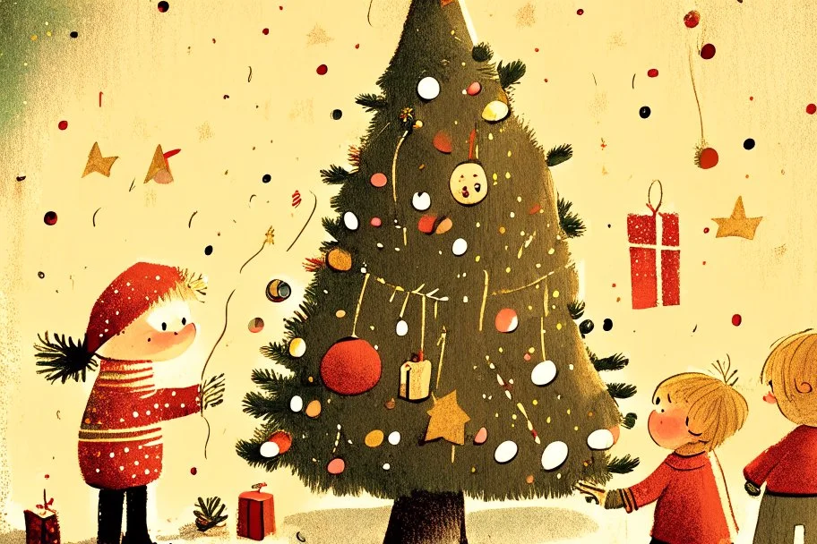 Christmas illustration, children book style, whimsical, warm colors, grainy texture, subject: decorating the christmas tree