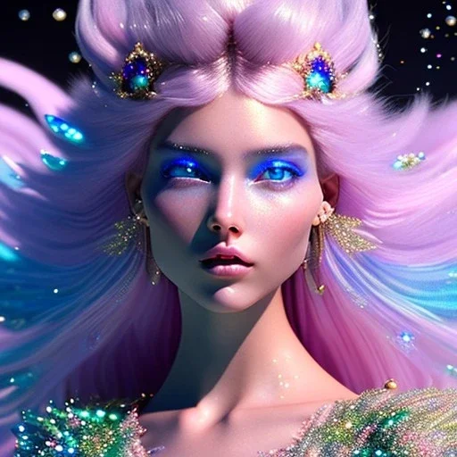 one big crystal glitter pink blue subtle galactic fairy in a galactic ambiance,, long hair down to the ground,transparent petals,blue eyes,delicate colors in the foreground, full of details, smooth，soft pink violet light atmosphere, light effect，vaporwave colorful, concept art, smooth, extremely sharp detail, finely tuned detail,8K ultra high definition, 8 k, ultra sharp focus