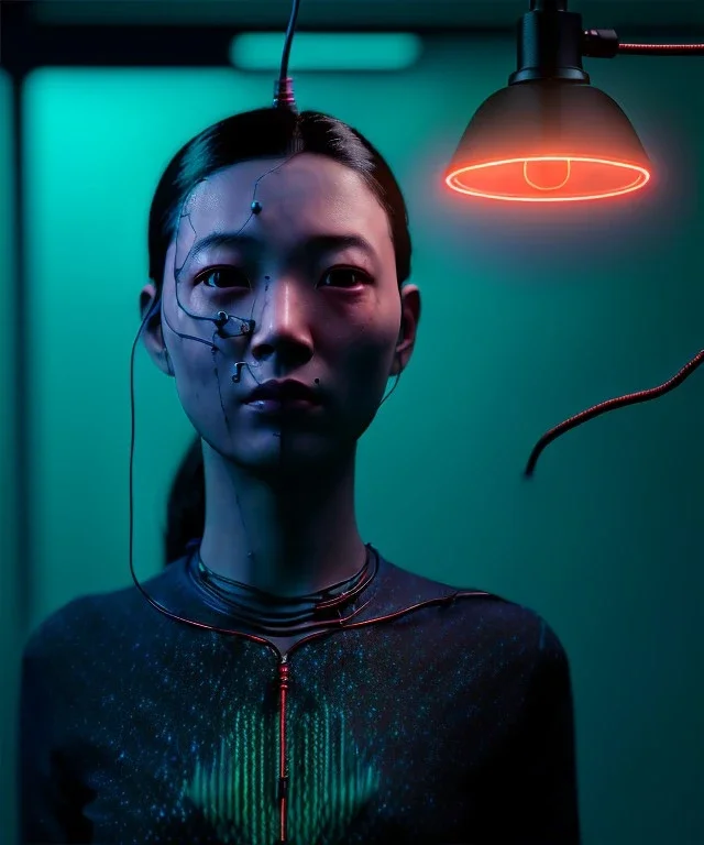 Ultra realistic photographic night portrait, cinematic, <Asian woman> <hanging wires> <retro monitor> many wires coming out of the head <perfect pupil> <cyborg arm> <garage> <wide angle Shot> <sci-fi futuristic> <thriller>, neon lights, color fog, soft color, highly detailed, unreal engine 5, ray tracing, RTX, lumen lighting, ultra detail, volumetric lighting, high definition.