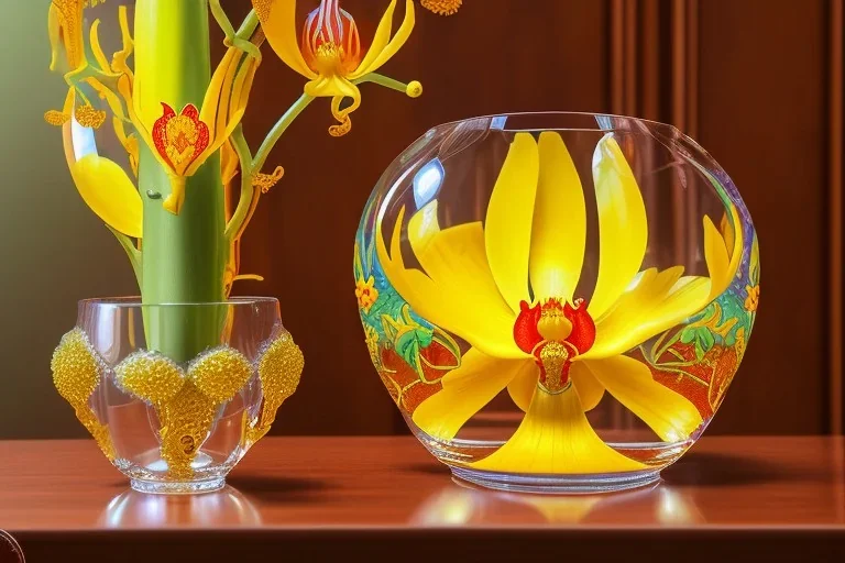 hypersigil photograph of a beautiful yellow and red orchid in a clear glass rococo inspired vase on a mirrored deco themed end table in a shadowy corner of a nouveau era room with wood paneling in the style of Robert maplethorpe, tropical birds, lizards, snakes, insects, gorgeous, shamanic, ethereal, photorealistic, embellishments, long shot, wide shot, dof, deep focus, 3d render