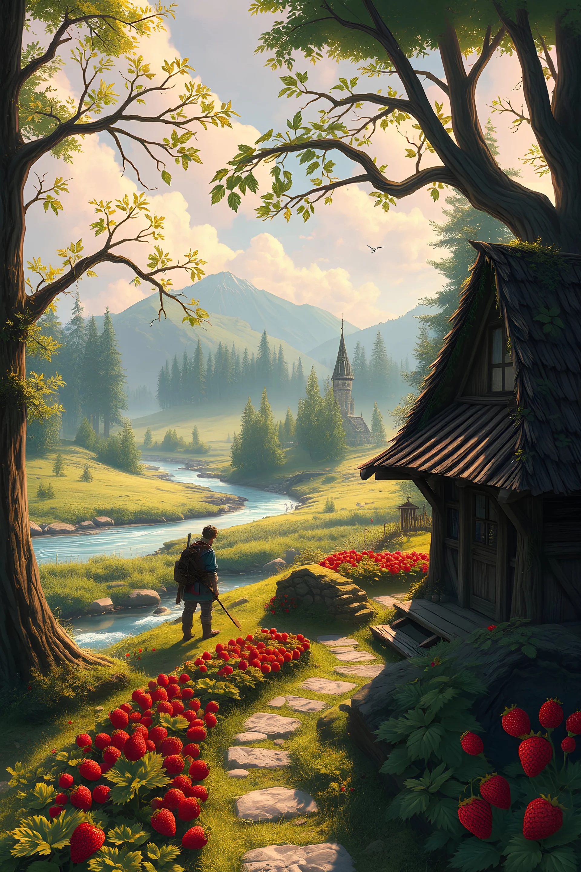 illustration {a scene showing an idyllic woodland cabin with a strawberry patch near a river around noon, the cabin is in a medieval fantasy setting, in the distance a firbolg man wearing colorful clothes and a staff on his back can be seen.} highly detailed, digital art, semi-realistic, realism, fantasy, dreamscape, ethereal