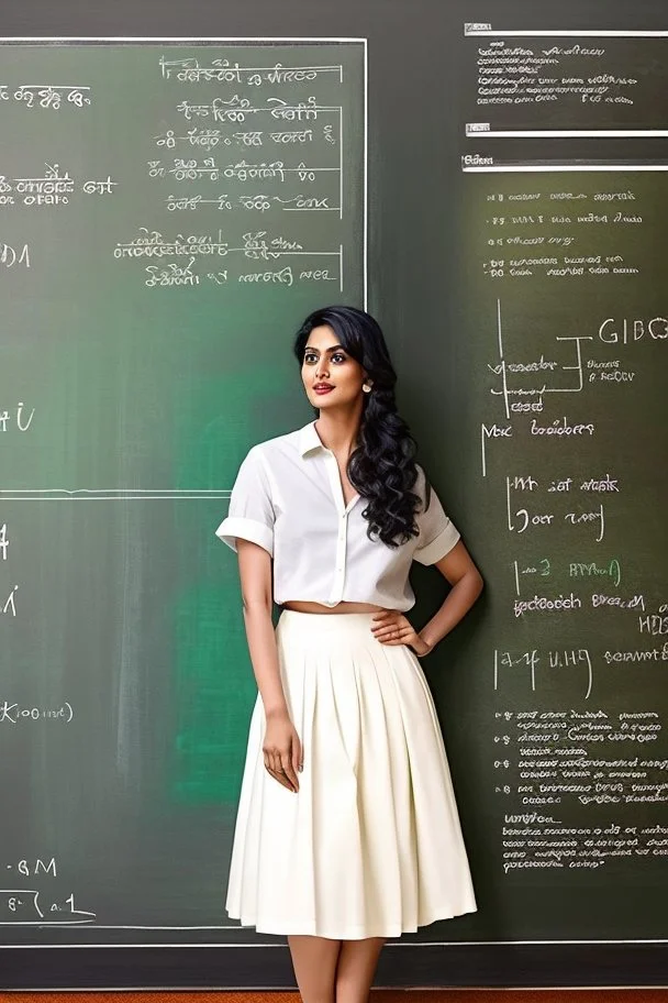 An elegant and graceful Indian actress stands before a green chalkboard adorned with diagrams. She wears a white button-up shirt paired with a flowing skirt, exuding charm and beauty. The scene is captured in exquisite detail with 8K UHD resolution using a DSLR camera, complemented by soft lighting and high-quality film grain from the Fujifilm XT3. With a captivating expression, she gazes upwards, her eyes closed, while adding a touch of allure with fishnet stockings and high heels.