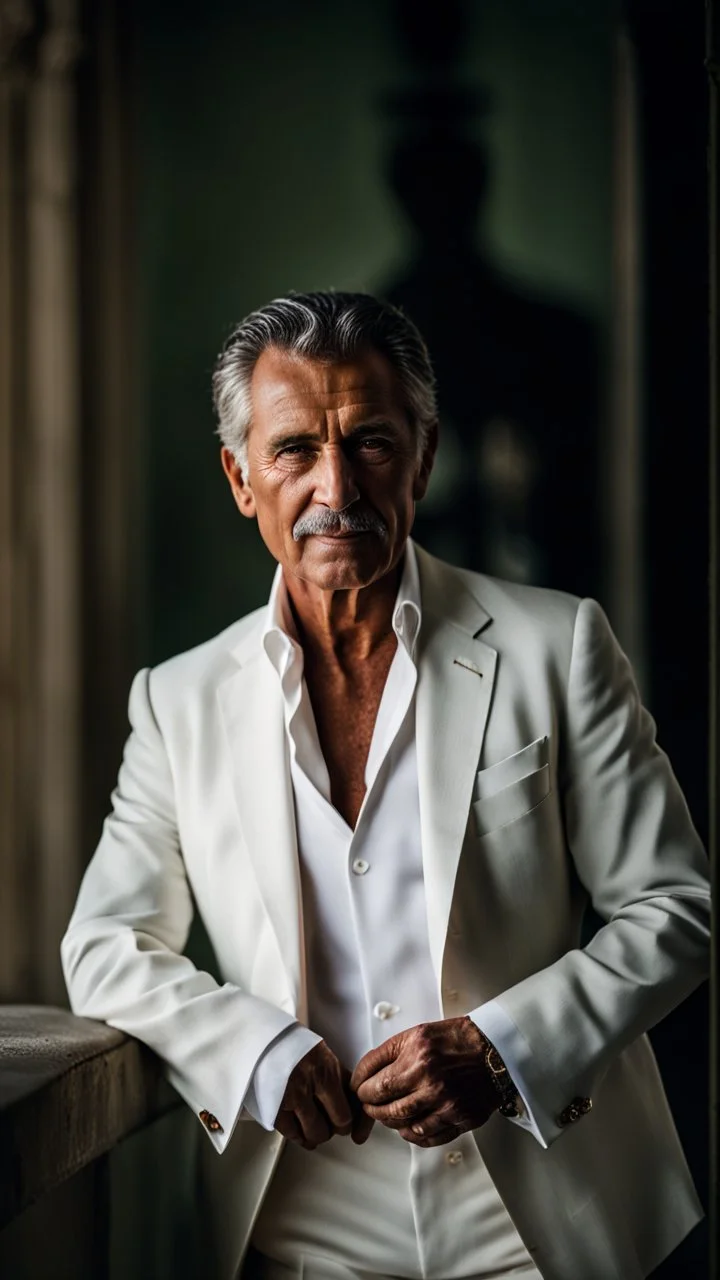 Portrait of a handsome older italian gentleman wearing crisp white linen suit, and an open necked shirt. His dark hair is peppered with grey, his neatly trimmed beard is dark and peppered with grey