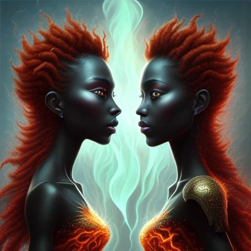 3D. Detailed Painting .realistic. Dark skin women. Beautiful. the faces of two young black women. Warm. Fire nymphs emerging from the flames.red.. Energy. Focus. THeir hair looks like smoke .smoke curling. Dreadlocs. Their skin is the colour of charcoal . Their hair moves like smoke. . their clothing is made of flames, red. Orange. Yellow. White and gold