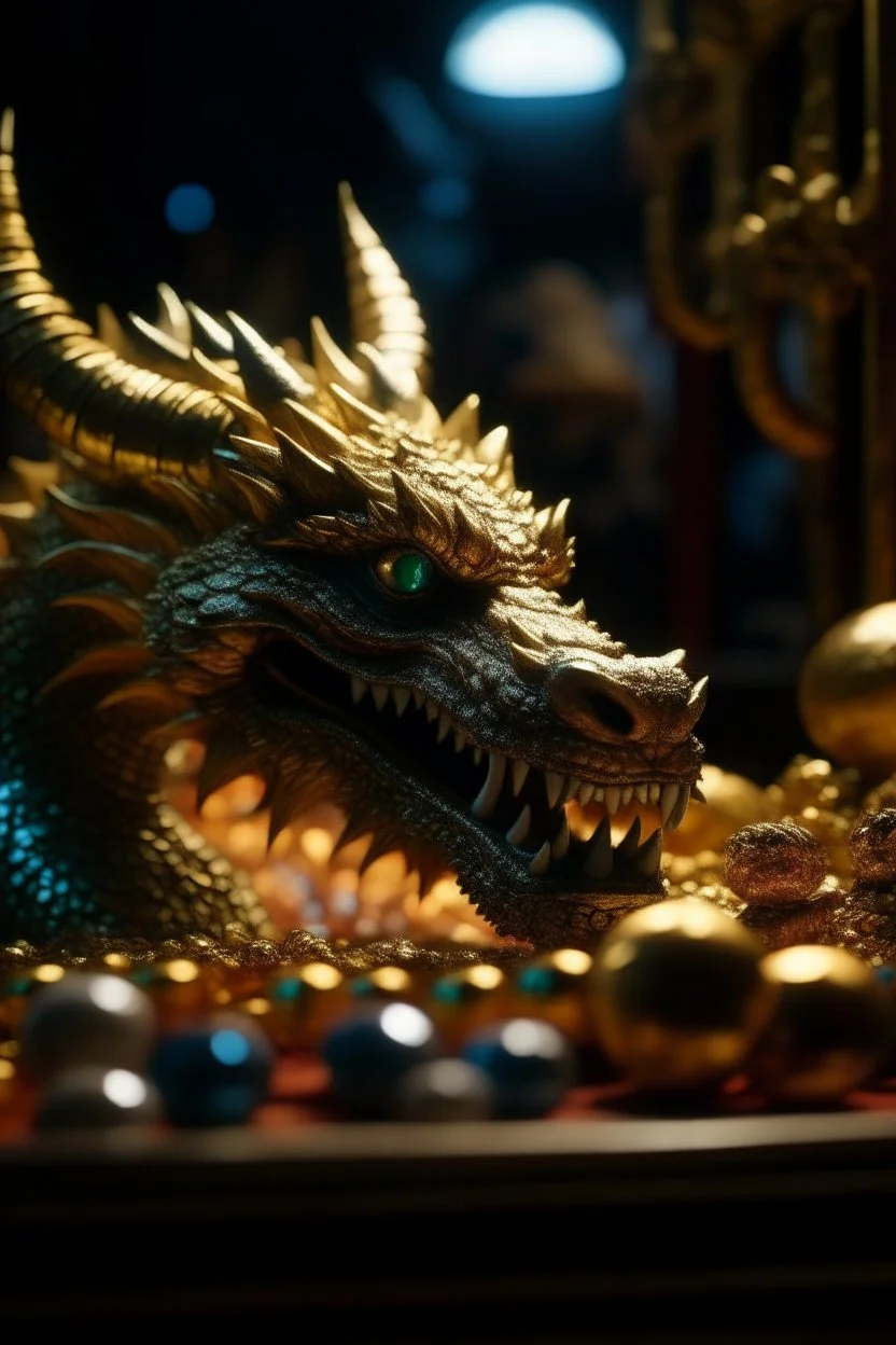 the beast who prefers quantity over quality, dragon hoarding gold, gems, pearls and bitcoin in cave palace, zeiss prime lens, bokeh like f/0.8, tilt-shift lens 8k, high detail, smooth render, down-light, unreal engine, prize winning