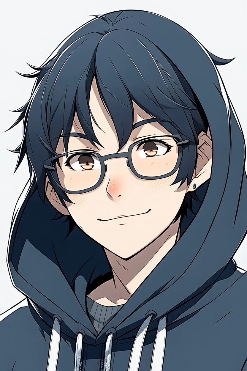 An anime man with glasses, fluffy black hair, wearing a hoodie