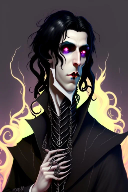 black haired young man necromancer wizard with gothic jewelry and tentacle fingers in the style of H. R. Geiger