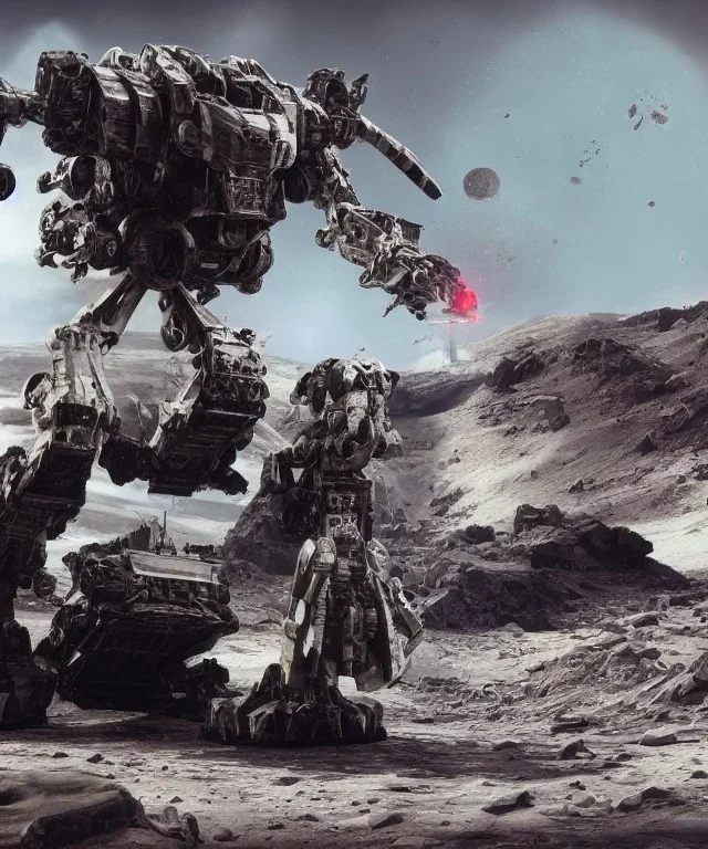 Crashed photorealistic futuristic destroyed mechanical mechwarrior transformer warhammer alien abandoned wreckage in old battlefield blast crater on the lunar surface ancient pyramid temple