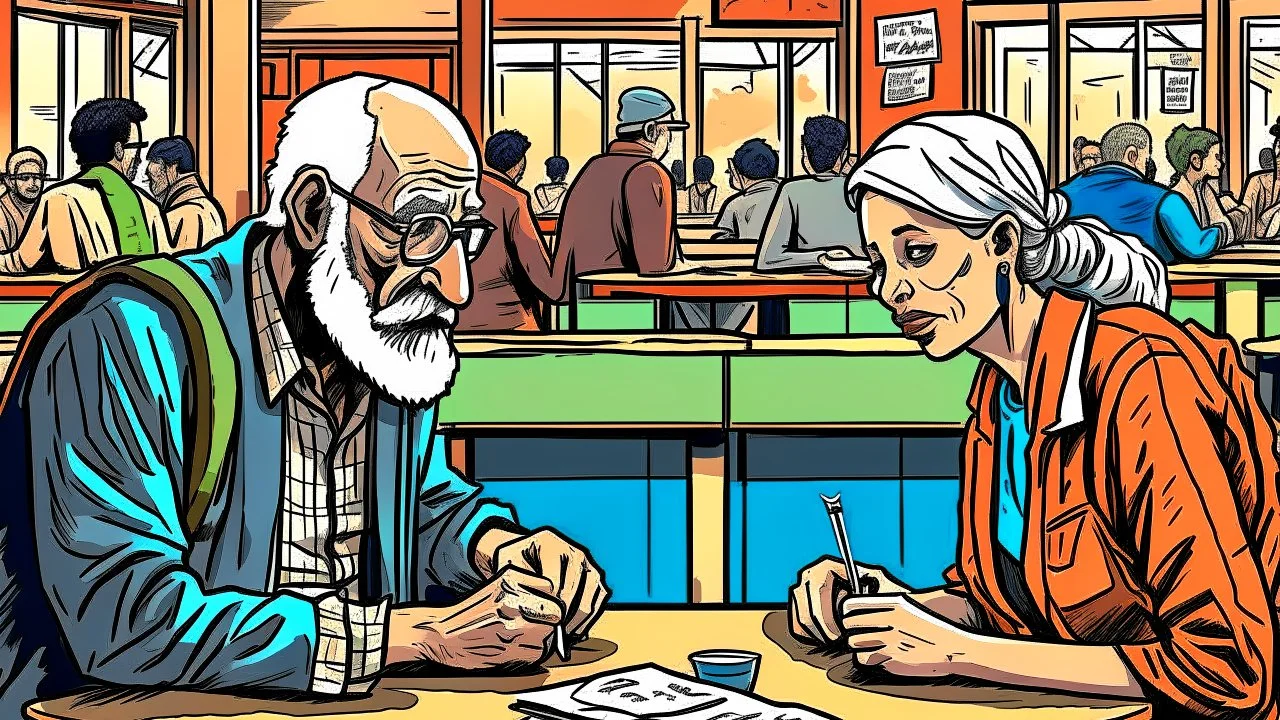 A teacher in the university cafeteria looks at an old man sitting at another table, with Egyptian skin