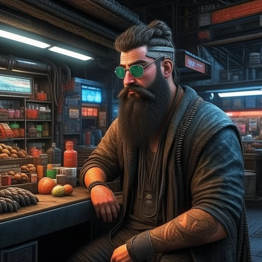 Cyberpunk bearded market stall seller