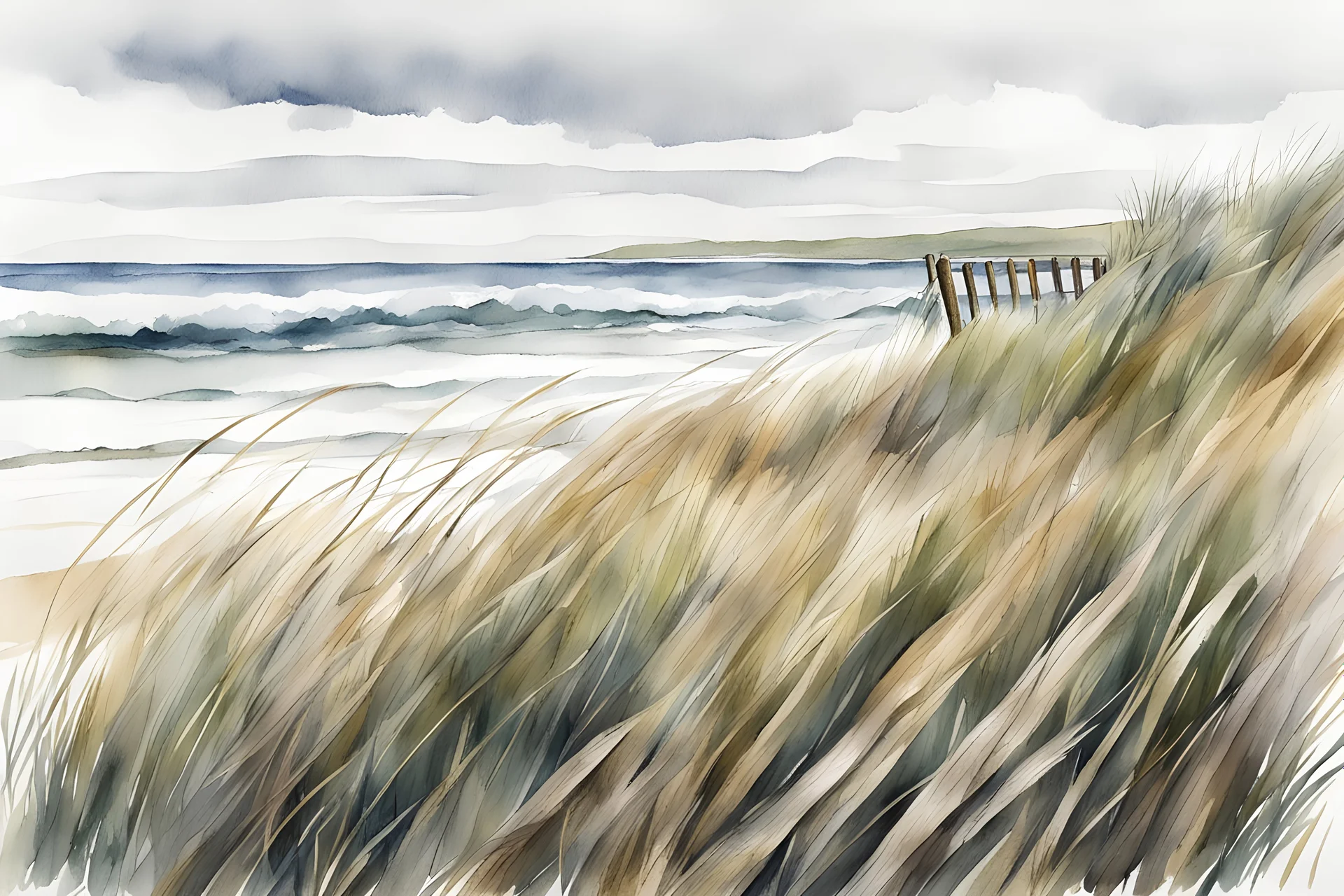 watercolor and pen illustration, loose brush strokes, stylish landscape, close up of weathered wood fence on a Maine beach on a cloudy day in the spring, wavy fescue beach grass, style of Ansel Adams, complex contrast, dynamic diagonal composition, muted colors, moody, nostalgic