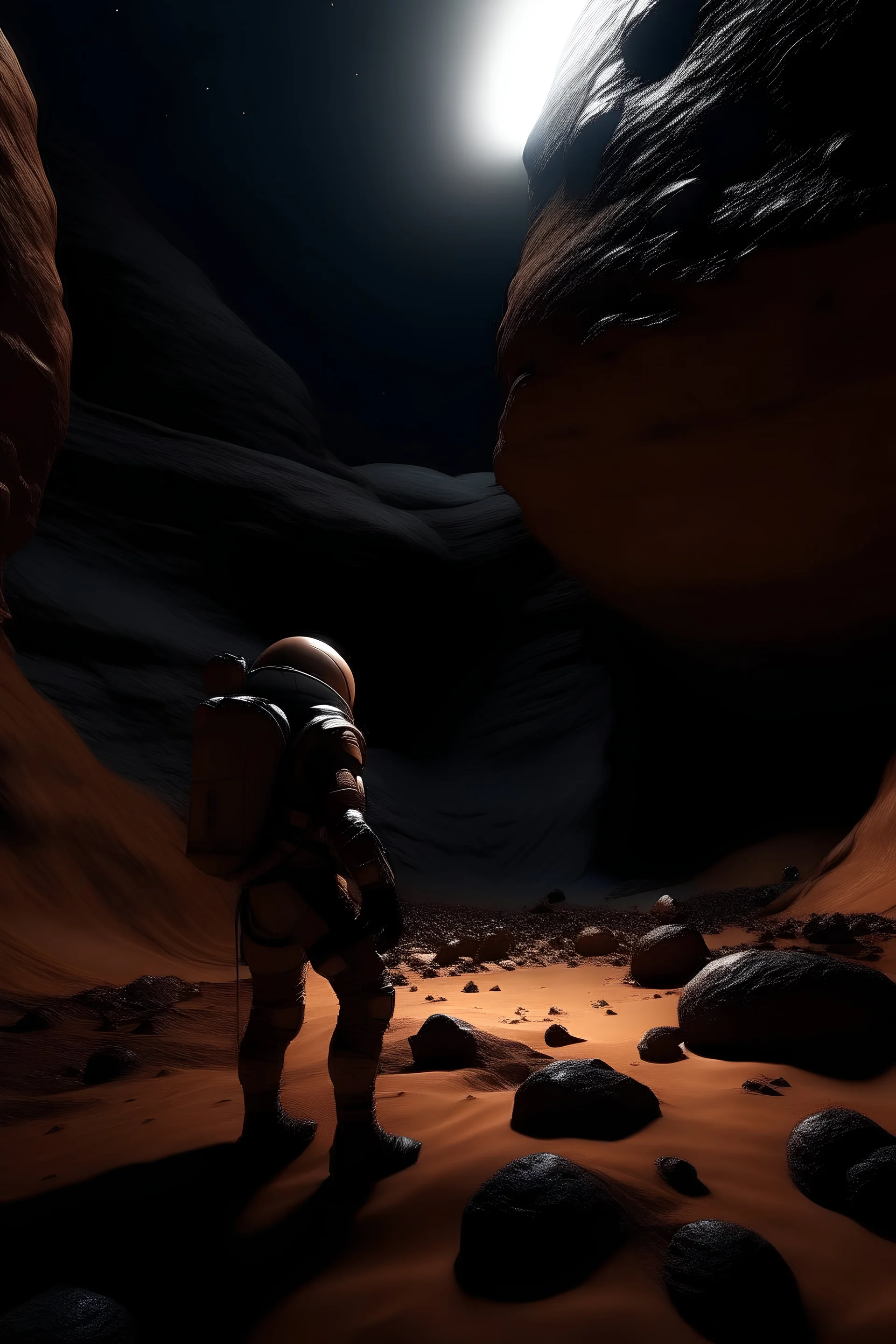 ALIAN ON MARS INSIDE A ROCK SIDE IN DEEP DARK VALEY