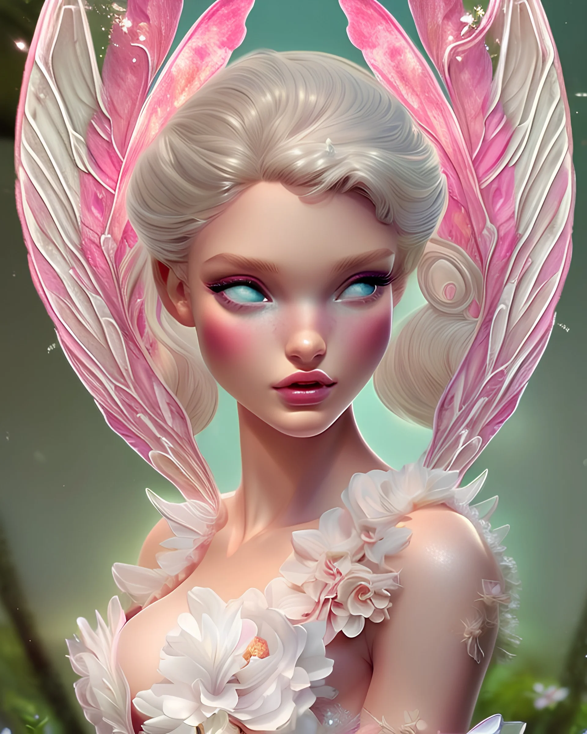 Magnifique woman lady fairy facing happy topmodel voluptuous white pink enchanted flowers wings magic long dress pink outerspace stars planets