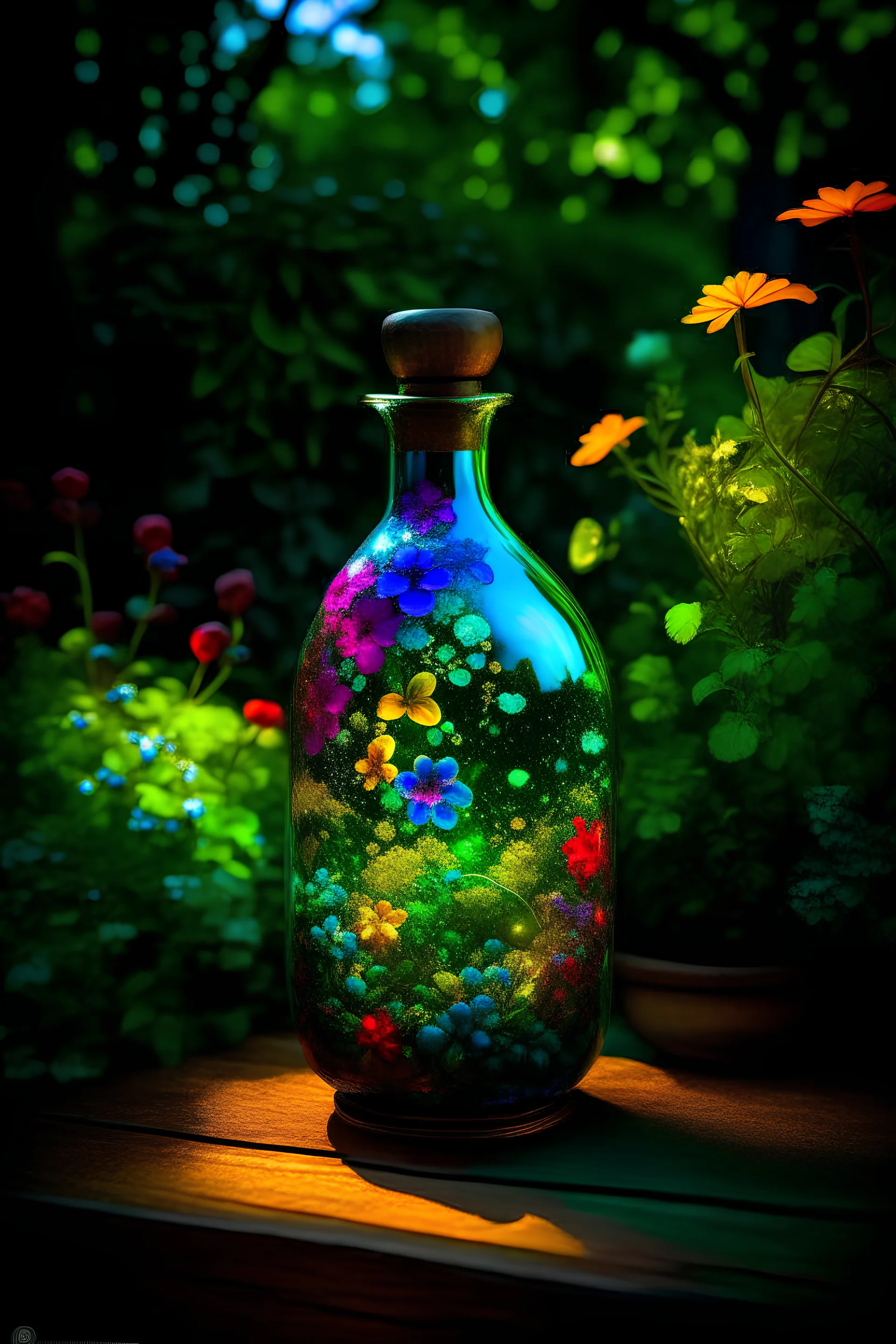 glowing magical potion in an antique bottle with lush green vines with multi-colored blossoms wrapped around the outside of the bottle, sitting on top of a lush garden scape