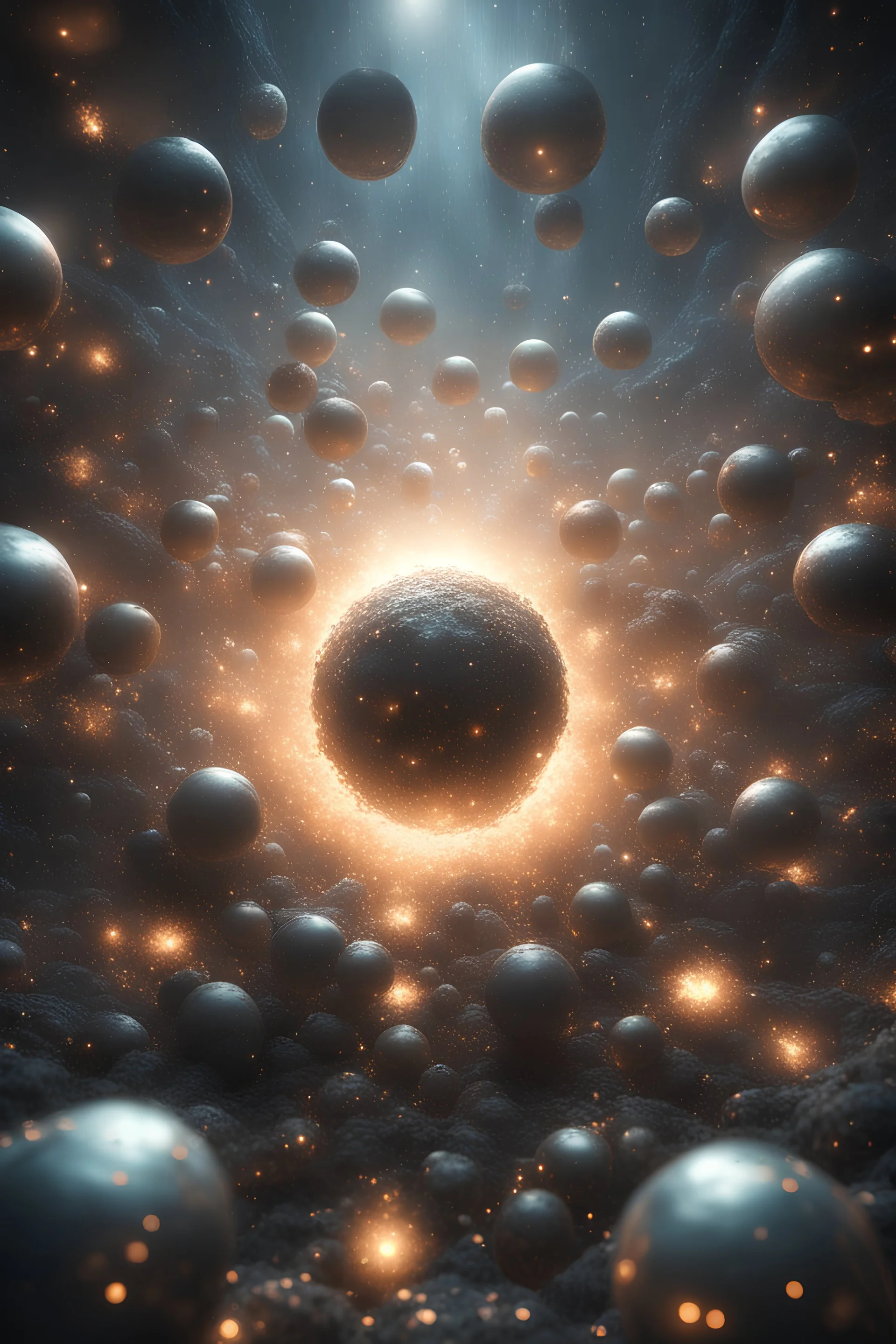 a agglomeration of shining spheres of light, floating in infinity, surrounded by bands of crackling energy. hyperrealistic 3d-render unreal engine 5, beksinski yog-sothoth
