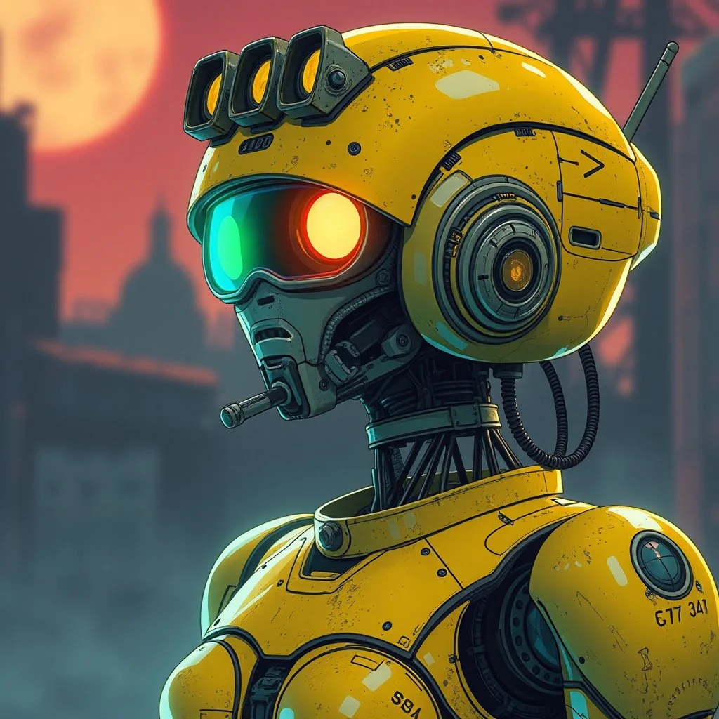 a feminine robot, yellow, post apocalyptic, fallout, dystopia, neon vintage anime