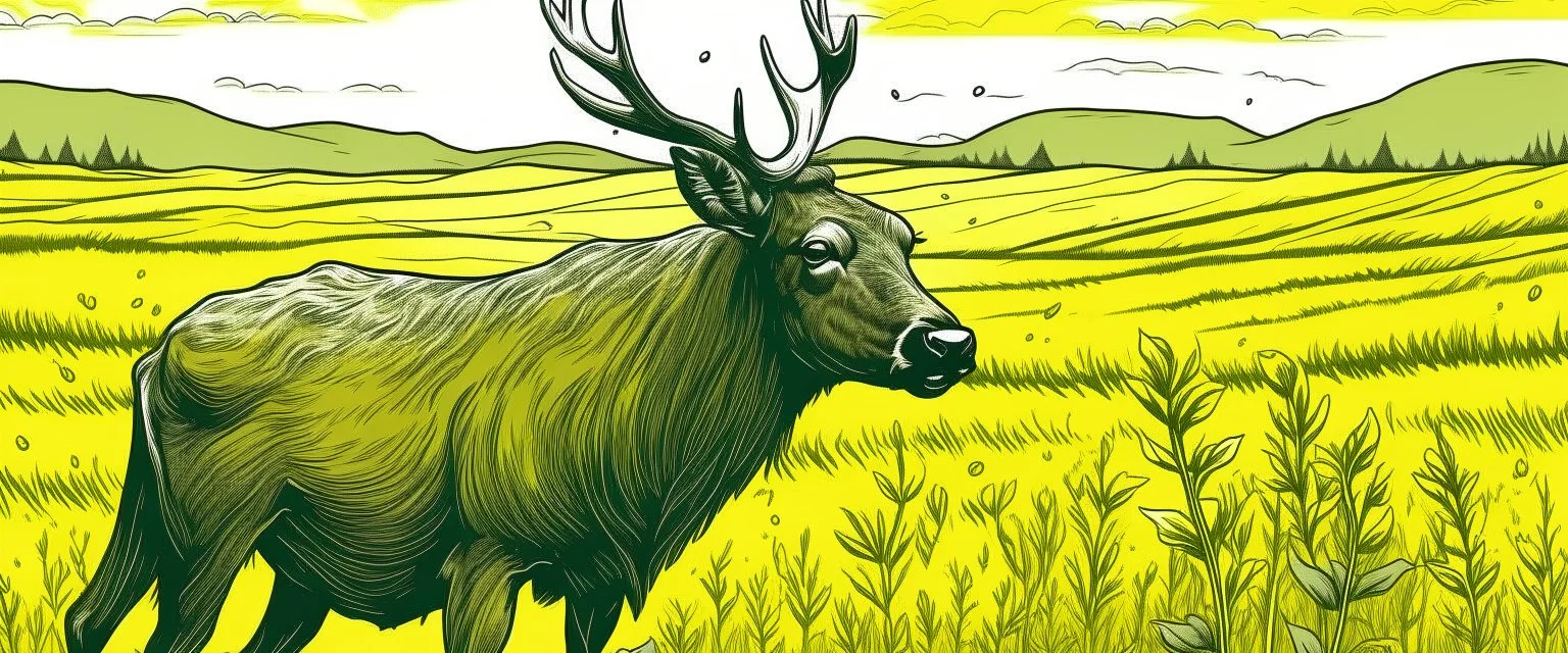 an Elk off-center in a prairie field, detailed canola in foreground, detailed illustration