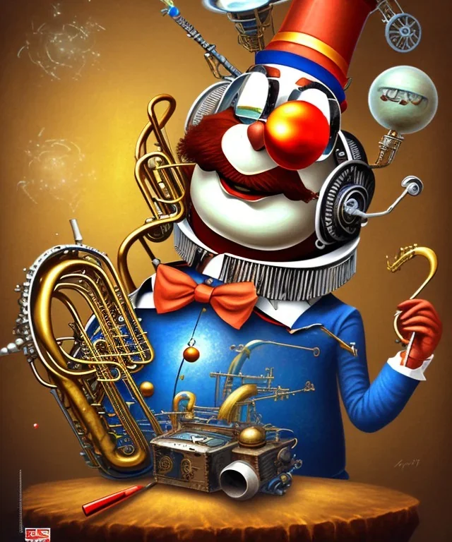 mechanoid old friendly fat clown with trimmed beard playing jazz with a steampunk theme, trumpet, realistic
