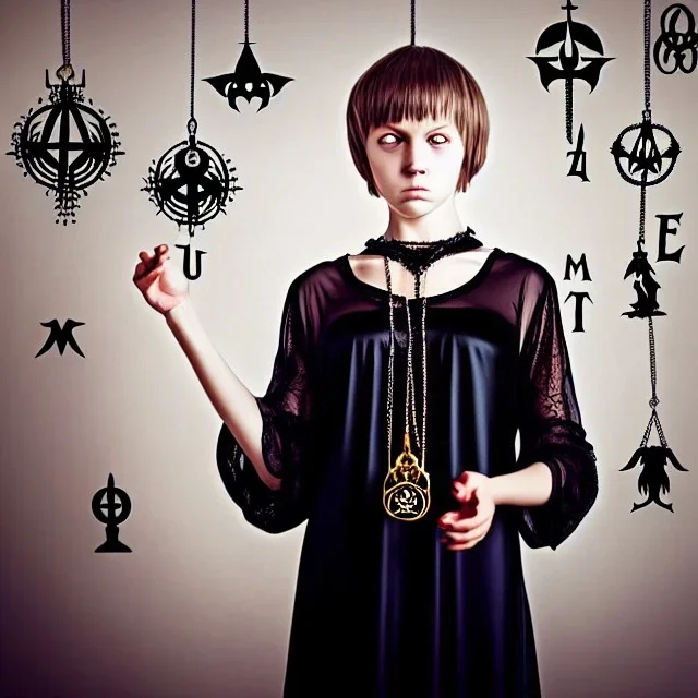 Realistic photo Russian shorthair tomboy with black magic evil forces amulet on the neck boyish face men's look boys face boylike in lacy girlish nightgown in girlish room with amulets of black magic and symbols of evil forces on the wall of the lord of evil and the king of the underworld of evil forces