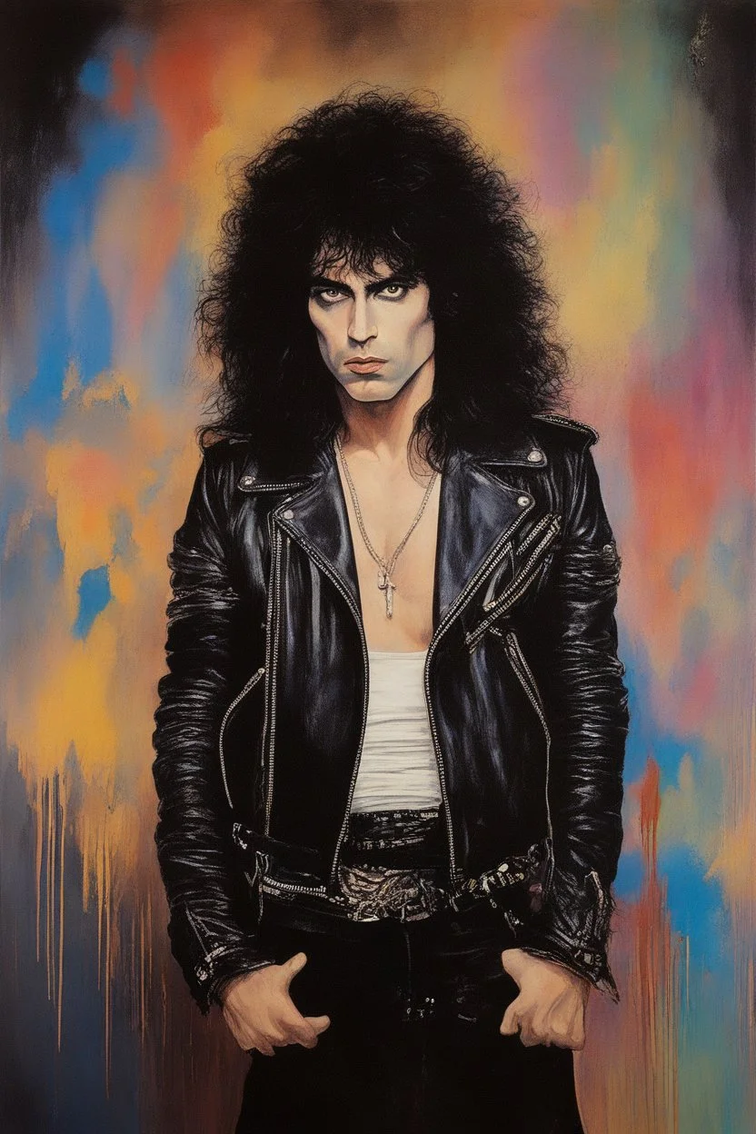 oil painting, text "KISS" - facial portrait with makeup - 20-year-old Paul Stanley with long, wavy curly black 1980's style big hair, wearing a black leather jacket, extremely colorful, multicolored watercolor stained wall in the background - in the art style of Boris Vallejo, Frank Frazetta, Julie bell, Caravaggio, Rembrandt, Michelangelo, Picasso, Gilbert Stuart, Gerald Brom, Thomas Kinkade, Neal Adams - explosions, flames, fog, clouds, dust,