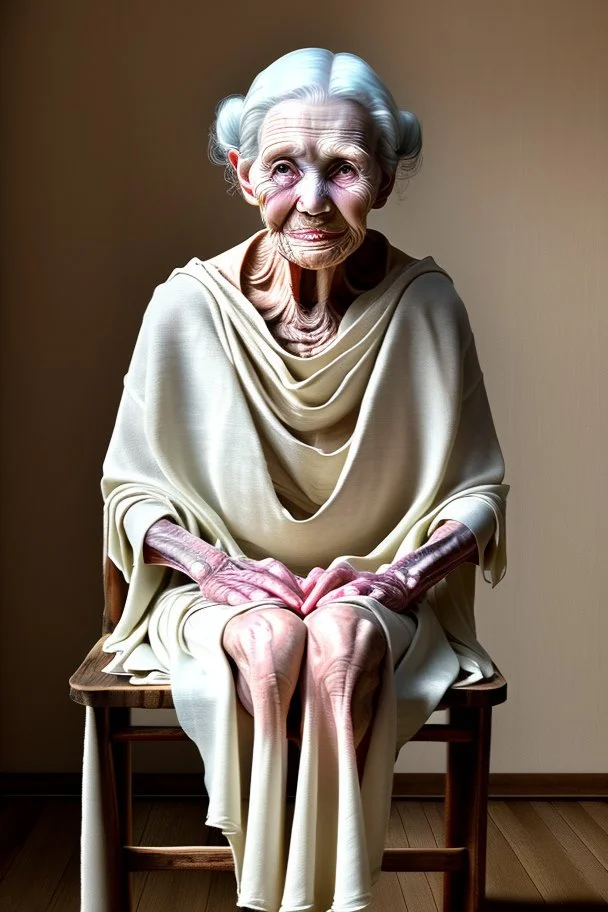 an old wrinkled woman sitting on a wooden chair, half dressed in dropped cloth, she is on display in a high end white art gallery, she is quite and no emotions, the original painting of Venus is on display on the wall, .ultra realistic photo,. highly detailed 32k, strange and weird modern art creation, surrealistic image