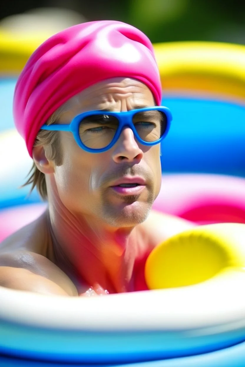 brad pitt sitting in donut swim ring with swimming-goggles and a bathing cap on