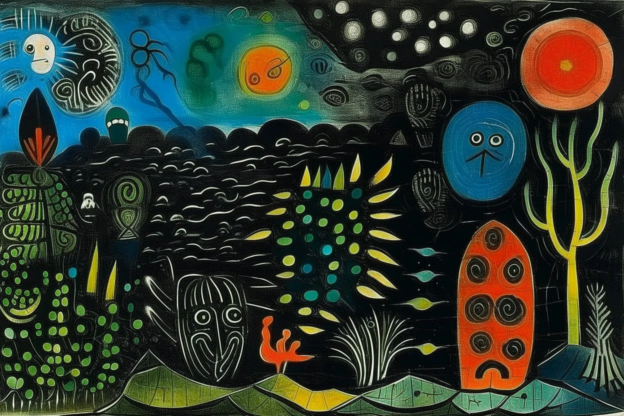 A black underwater abyss with shadow monsters painted by Paul Klee