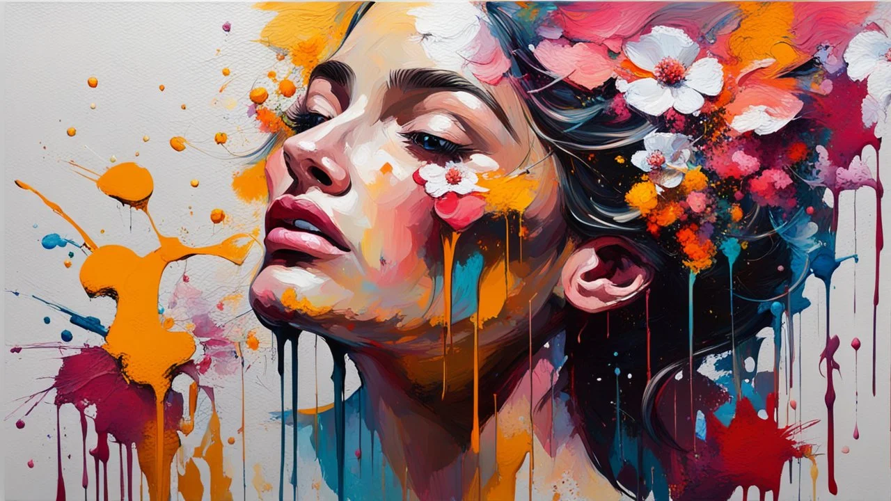 Painting with a dense palette, oil on canvas, hard strokes, paint drips, paint splashes. Woman, flower