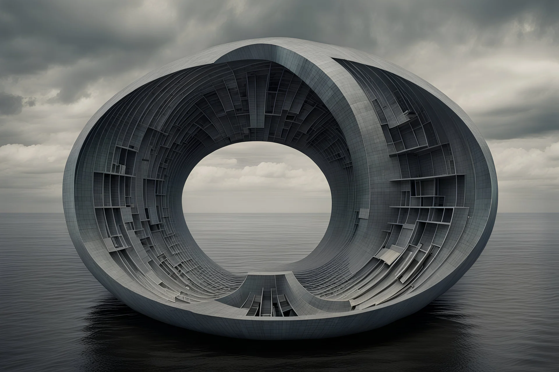 a little building in twelve-section torus,sea,grey panel,floating