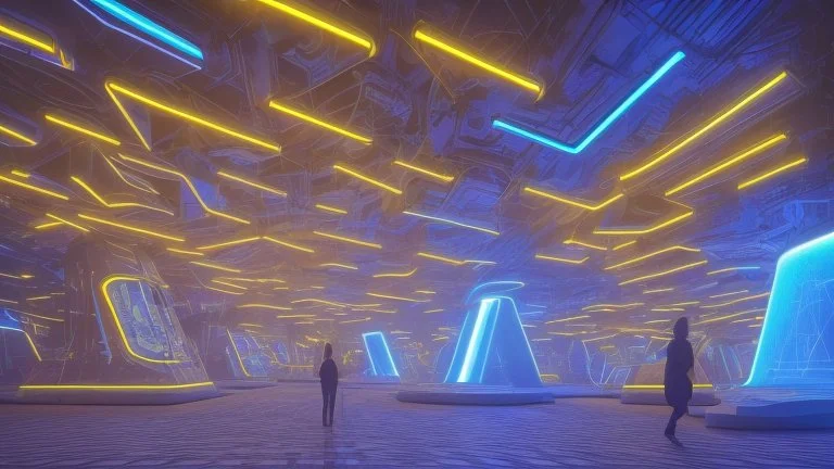 Minimalist cubic interior space with steel walls, ceilings and floors illuminated with neon lights in blue and gold tones inside which different people walk.