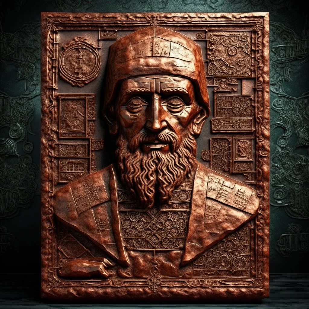 Create an image of old portrait statue copper with strange runes