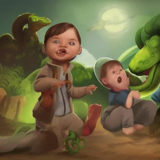 1yo little szymon is on safari onthe moon. petting a green dinosaur. he has big binoculars and a funny hat. High detailed. Cinematic. Digital painting. Warm lights.