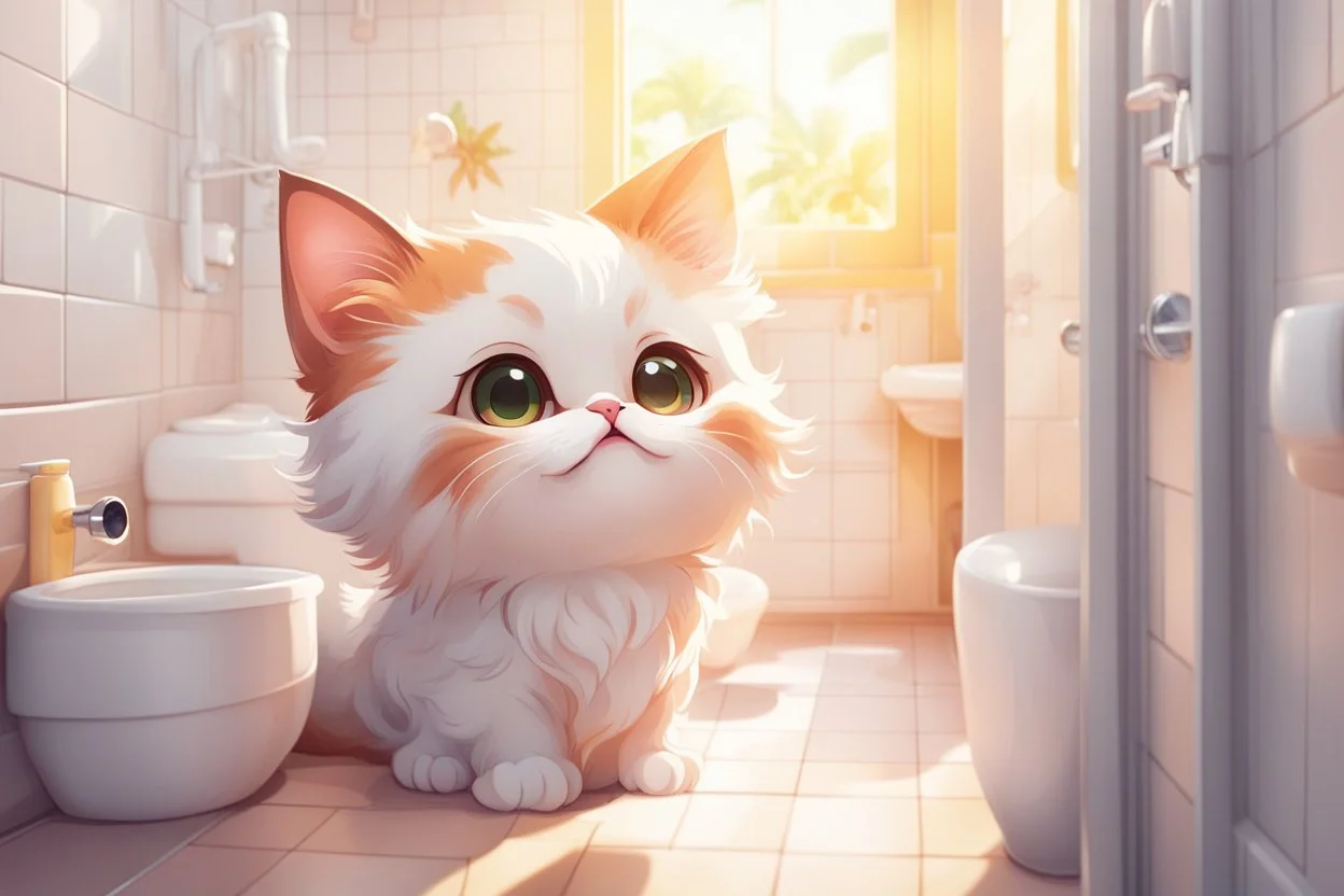 cute chibi cat in the bathroom in sunshine