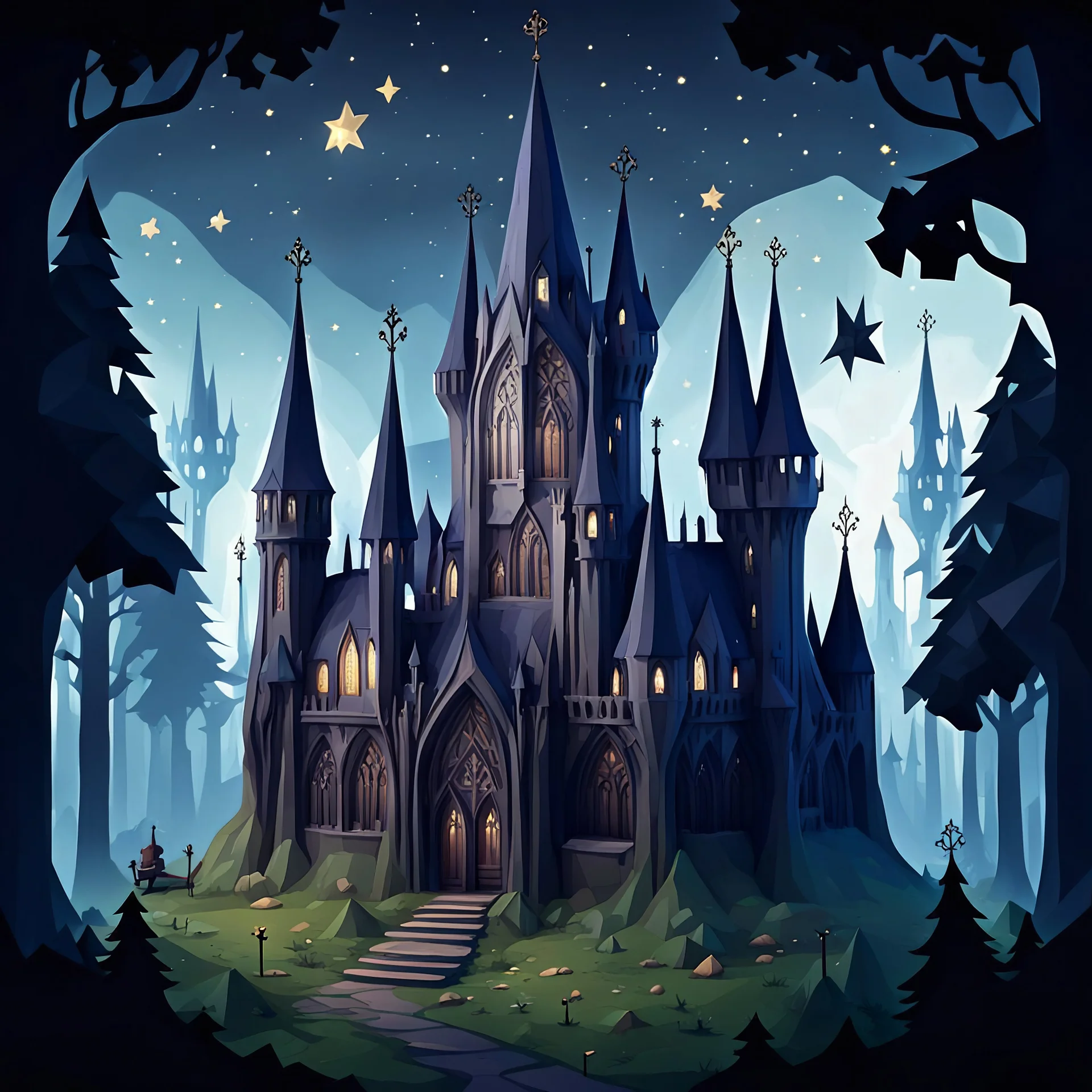 (((close midshot))), (((low poly art:2))), (gothic fairyland), ultra detailed illustration of an environment on a irish forest:1.2 magic castle with stars and dark (gothic:1.5), (vast open world), fairyland inspired, highest quality, no lines, no outlines candid photography. A gothic cathedral in the style of Zvidslav Beksinski