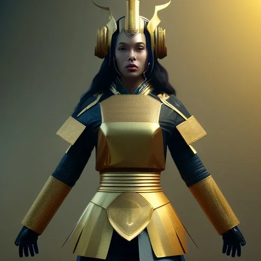 woman, rounded face, black, gold, samurai helmet, decorative color feathers, retro, bamboo, soft color, highly detailed, art stations, concept art, smooth, unreal engine 5, god rays, ray tracing, RTX, lumen lighting, ultra detail, volumetric lighting, 3d, finely drawn, high definition, high resolution.