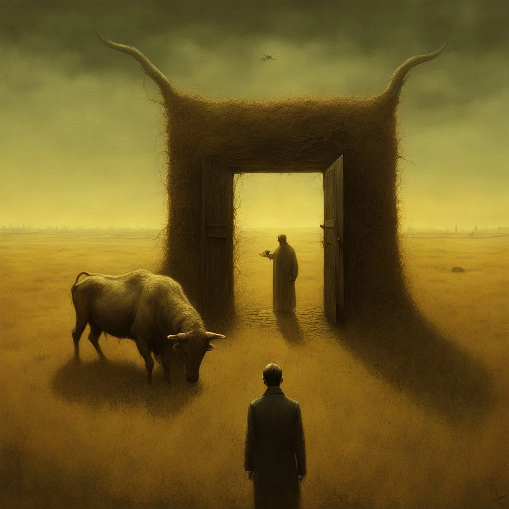 High concept art, horror movie aesthetic, by Zdzislaw Beksinski and Gabriel Pacheco, fine matte oil painting, in an empty field guarding a surreal standalone wooden doorway revealing a portal of brilliant light is a fearsome minitour holding an axe who has a television set on his head broadcasting a picture of a bull head, sinister, concept art, oddball masterpiece, sfumato, complex contrast,