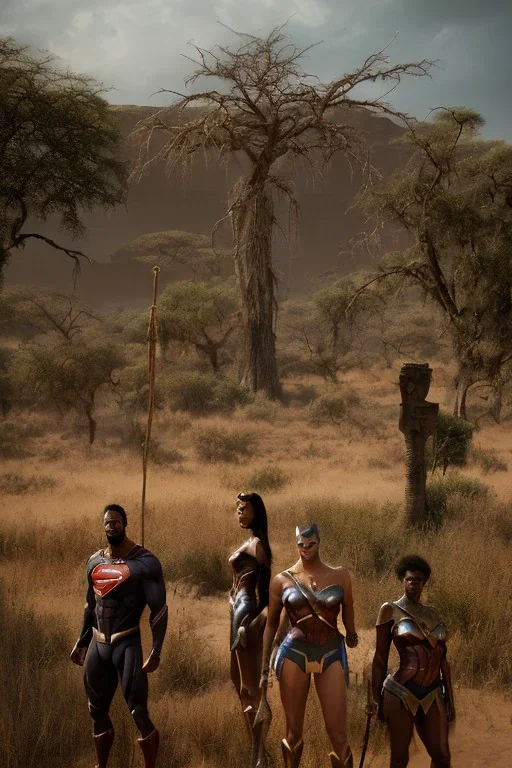 A photo taken from an african village "justice league", <character or scene>, kente, cinematic lighting --v 4 --q 2